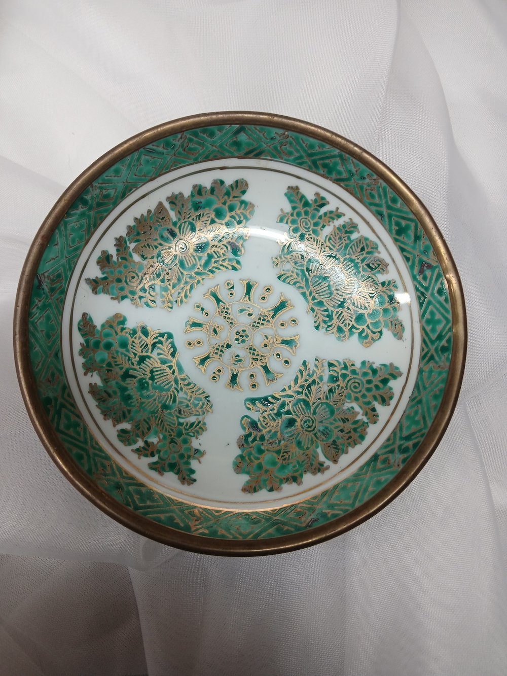 Hand-Painted Green and Gold Decorative Porcelain Bowl